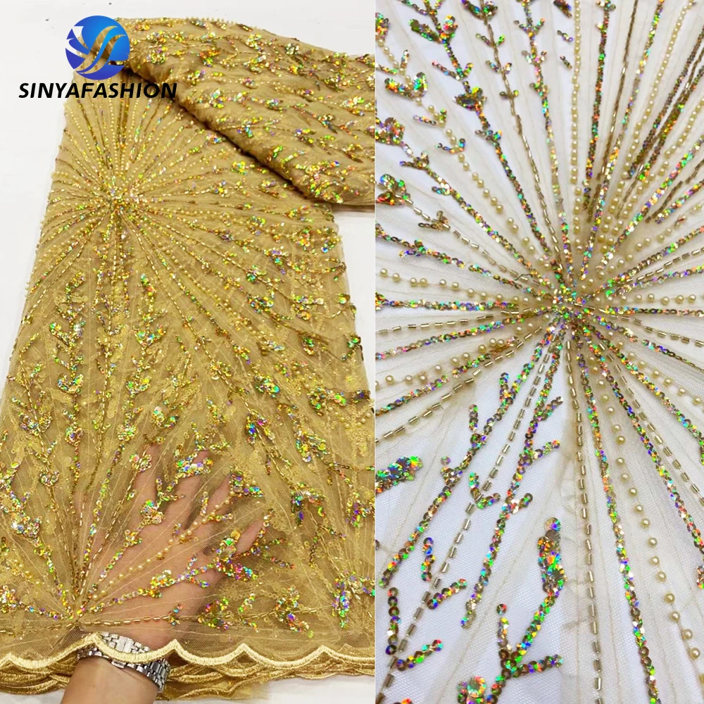 

Sinya Gold Sequins Pearls Beads French Tulle Lace African Nigerian Embroidery Wedding Bridal Dress Luxury Beaded Lace Material