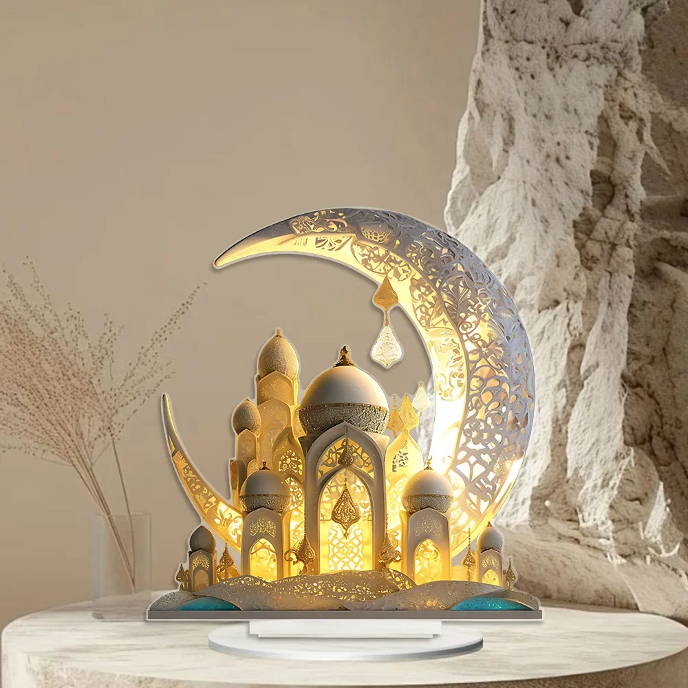 Ramadan Decor 2D Acrylic Moon Castle Decoration with Base Tabletop Centerpiece for Home Living Room Office Bookshelf