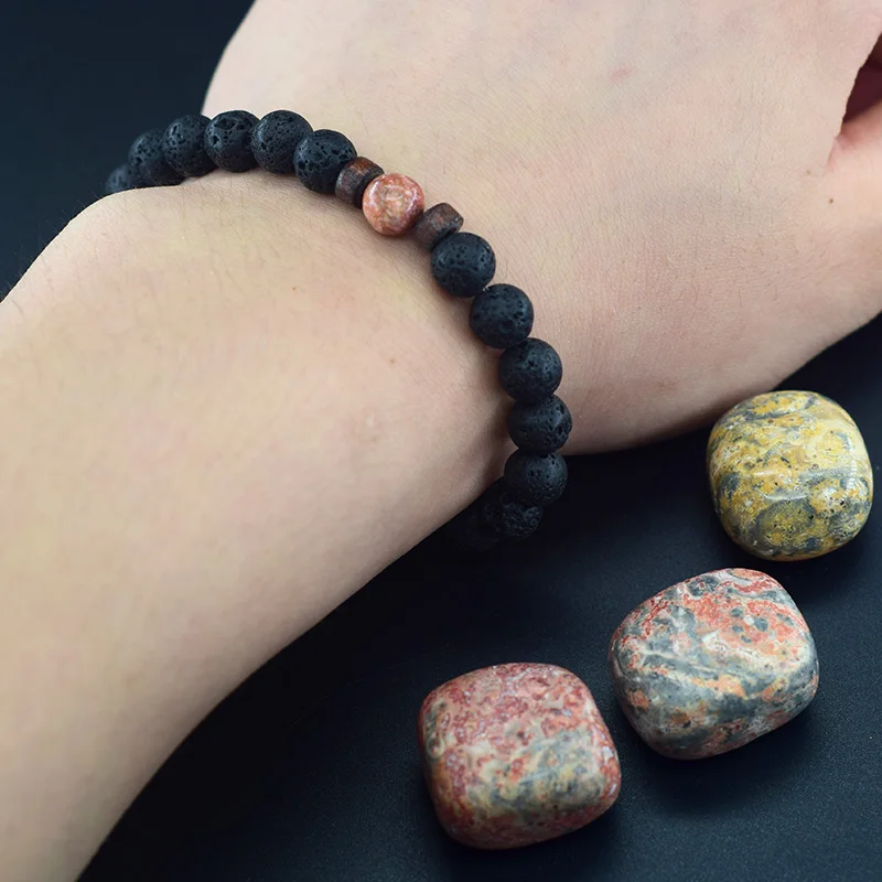 8mm Volcanic Stone Bracelet Men Women Stimulate the Circulation of Blood Natural Red Leopard Skin Beads Bangle Gift for Father