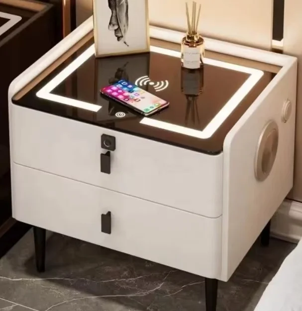 أثاث غرفة نوم طاولة بجانب السرير خشبية ذكية فاخرة طاولة بجانب السرير حديثة مع شحن لاسلكي USB
