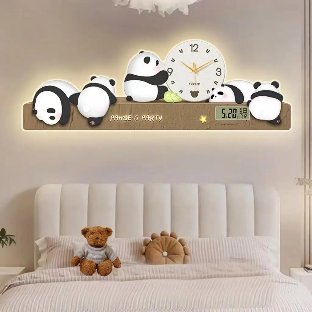 

Panda Wall Clock Living Room Dining Room Decoration Painting 2025 Electronic Clock Temperature Clock Wall Map Light