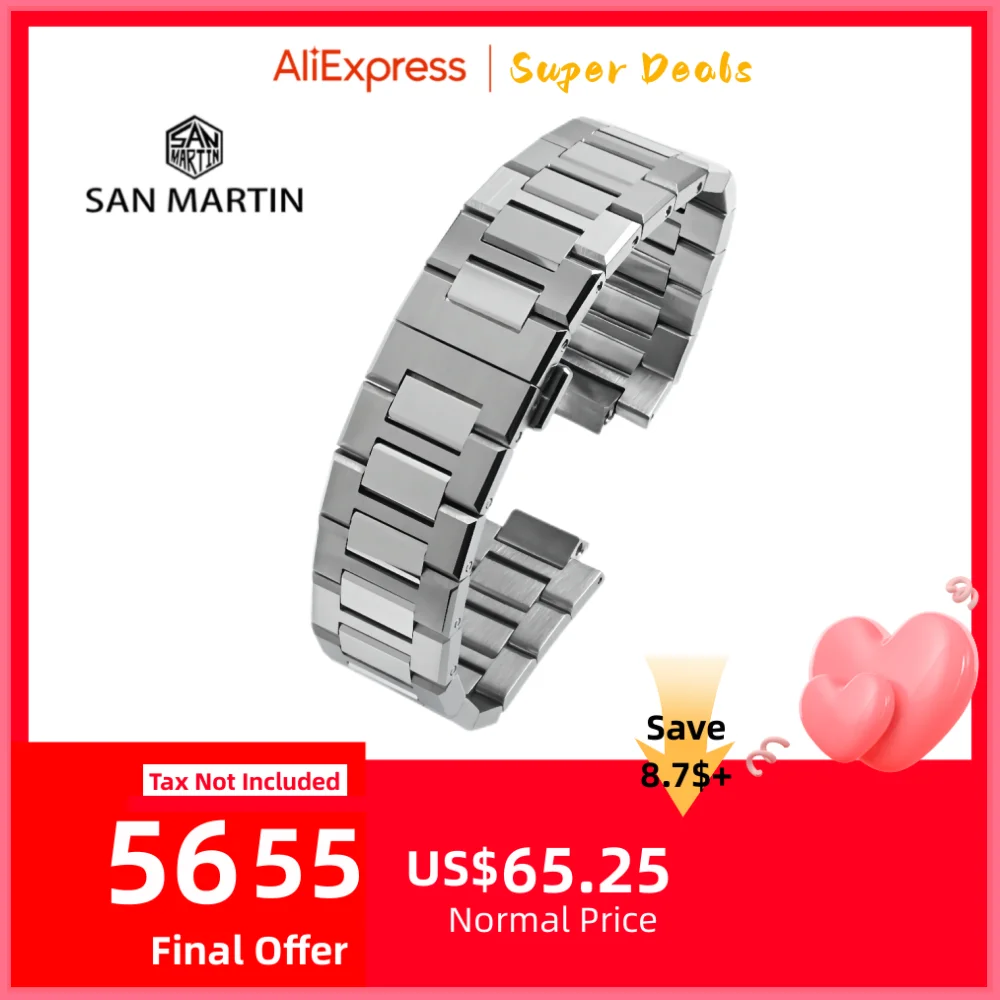 

San Martin Solid 3-Link 316L Stainless Steel Bracelet Screw Design Watchband 20mm With Butterfly Clasp Waterproof SN0026