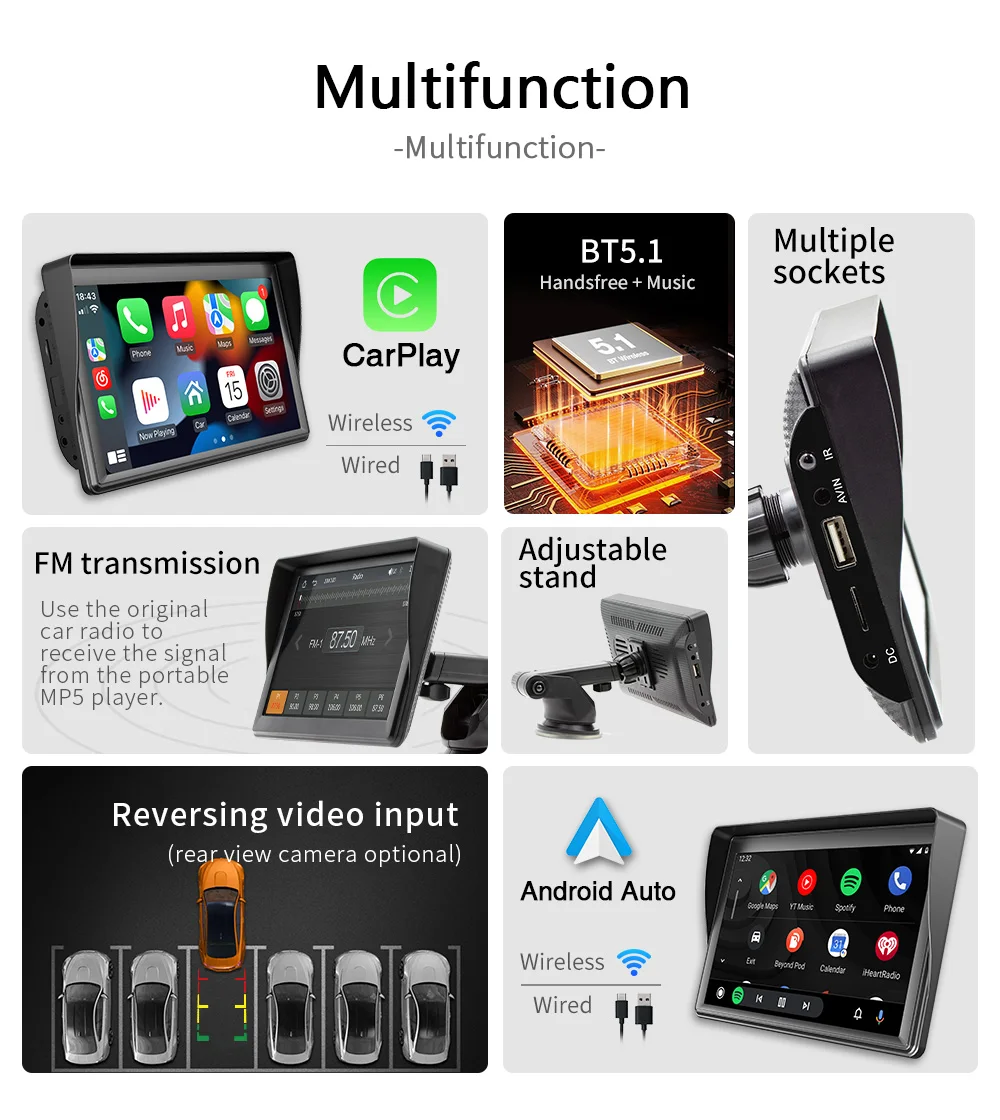 BQCC universal 7 HD Portable car MP5 wireless Android AUTO/CarPlay BT Mirrorlink Car Player Remote Control Cat Stereo