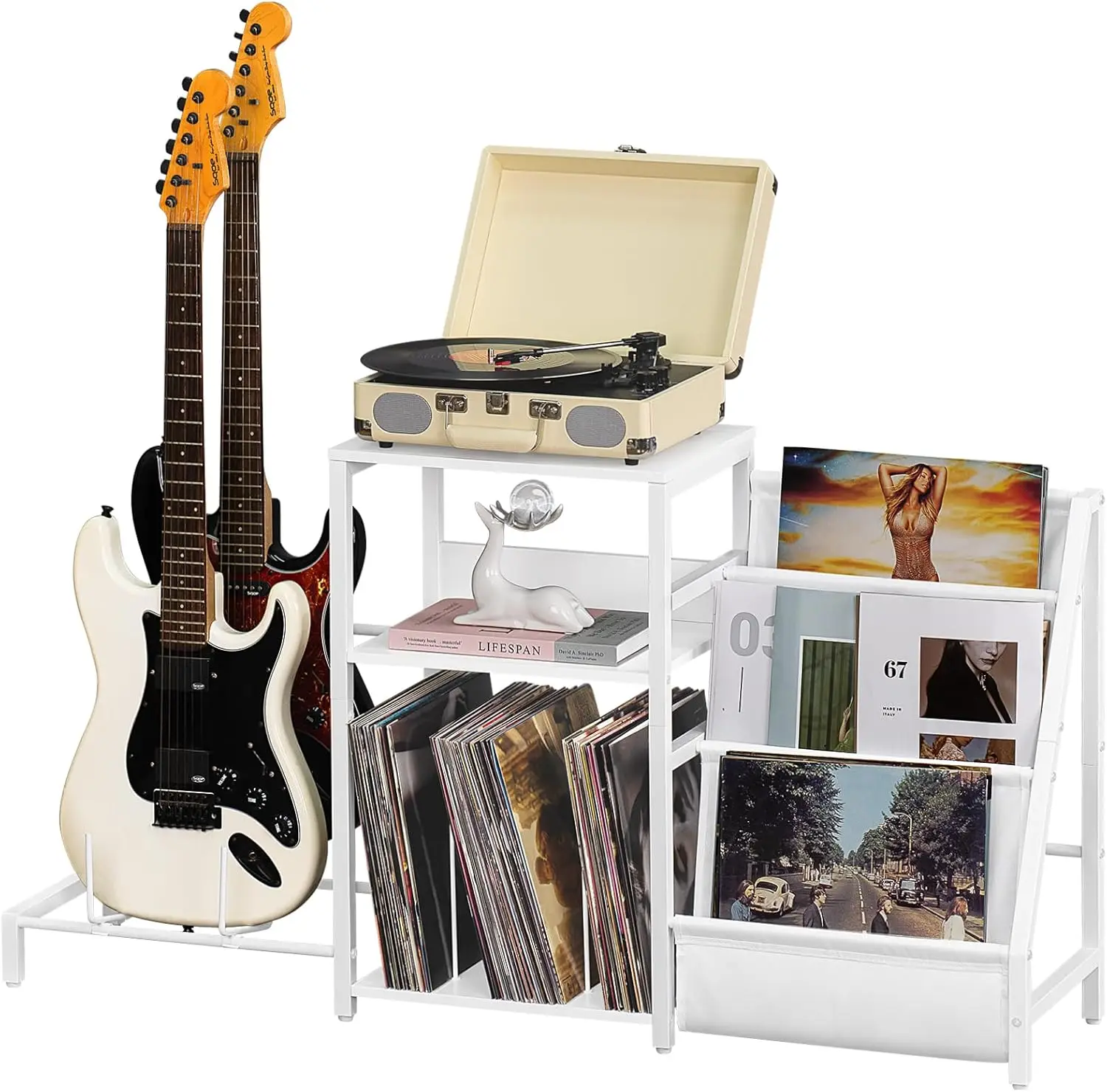 Record Player Table,Adjustable Guitar Stand for Acoustic Guitar, Electric Guitar, Bass, White Turntable Holder with Viny