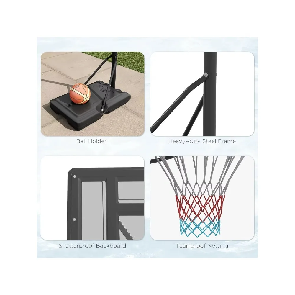 Height Adjustable Pool Basketball Goal, 7.5-10FT, 43.25 Backboard, Wheels, Fillable, Portable Outdoor Basketball Hoop