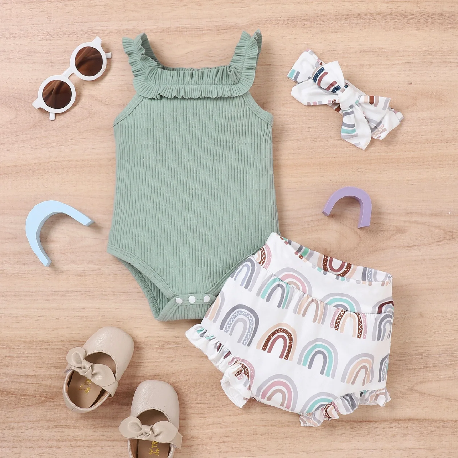 Baby Girls Summer Clothes Outfit Sleeveless Romper + Rainbow Shorts + Headband Set