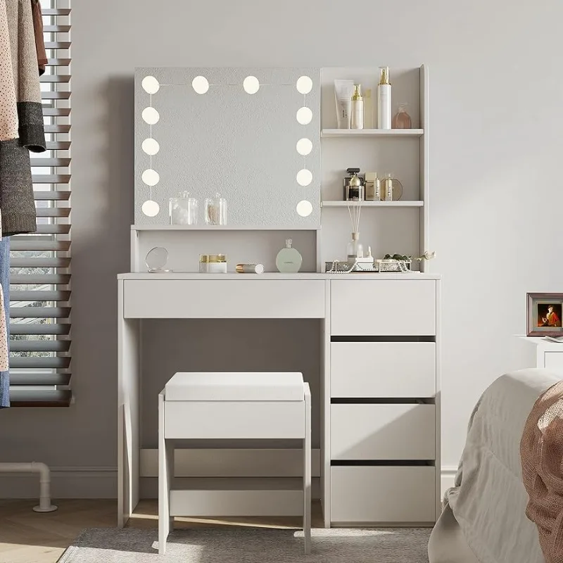 

Makeup Vanity with Lights,Vanity Desk with Chair, 5 Drawers Makeup Table with Lighted Mirror, 3 Lighting Colors