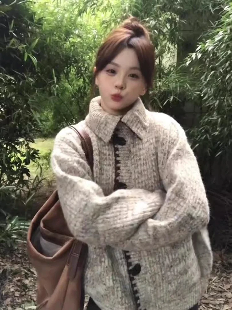 Cardigan lavorato a maglia vintage coreano da donna maglione allentato pigro con bottoni a vento streetwear retrò Harajuku top casual a maniche lunghe autunno inverno