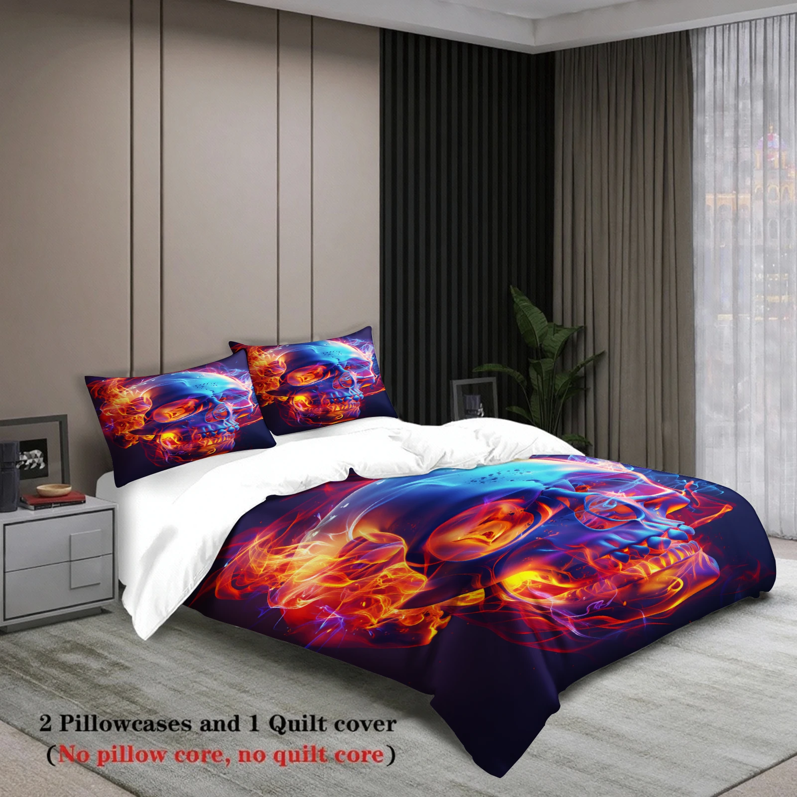 3pcs Skull Bedding Sets 3D Printed Flame Pattern Anti-Slip Stain Resistant Duvet Cover Sets With Pillowcases No Filling
