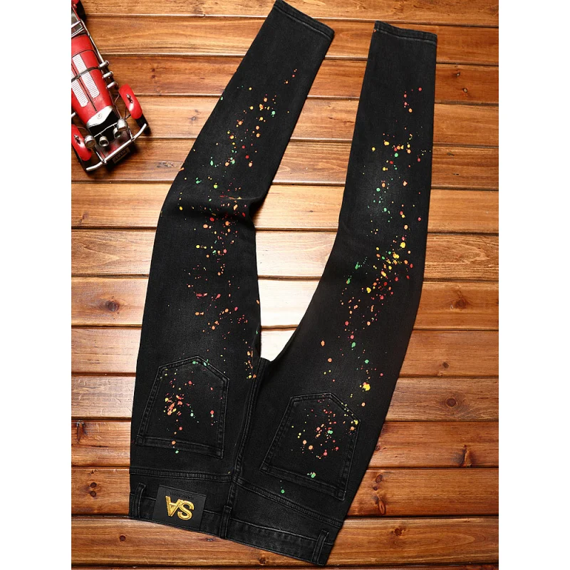 High end trendy black jeans for men, slim fit, elastic, perforated patch, paint printed, trendy street style small leg pants