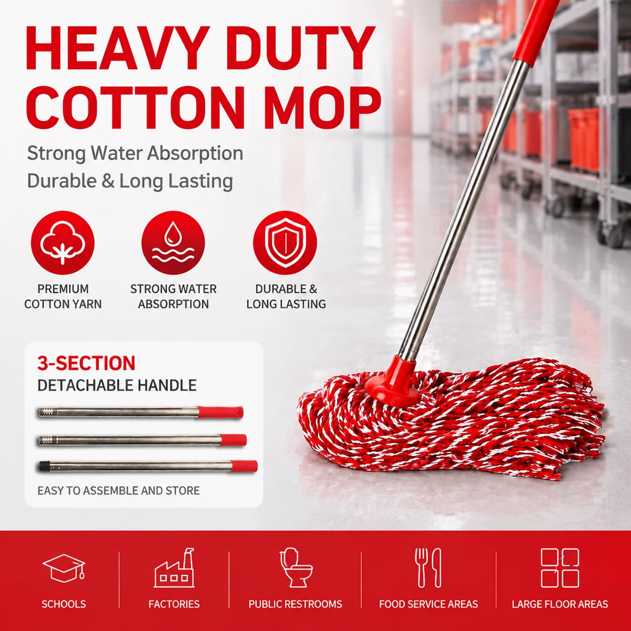 Heavy Duty Cotton Wet Mop Detachable Handle Super Absorbent, Durable for School Gymnasium Restaurant Canteen Floor Cleaning