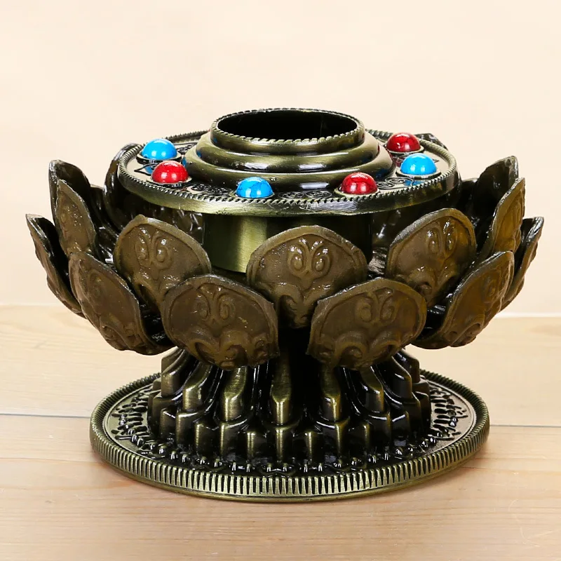 Hand Cranked Prayer Barrel with Lotus Alloy Base, Eight Auspicious Wheel, Bottom Support, Home Decoration Accessories