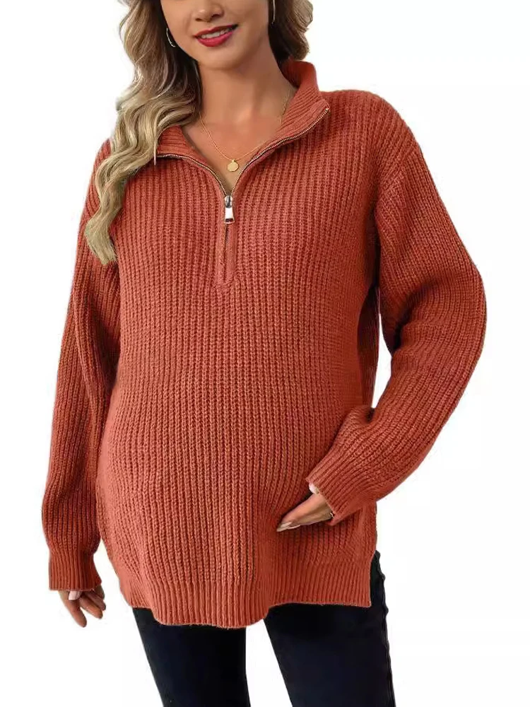 Maternity Clothings Sweaters Brick Red Knitted Temperament Commuting Sweater Maternity Loose Type Sweater Maternity Wear Clothes