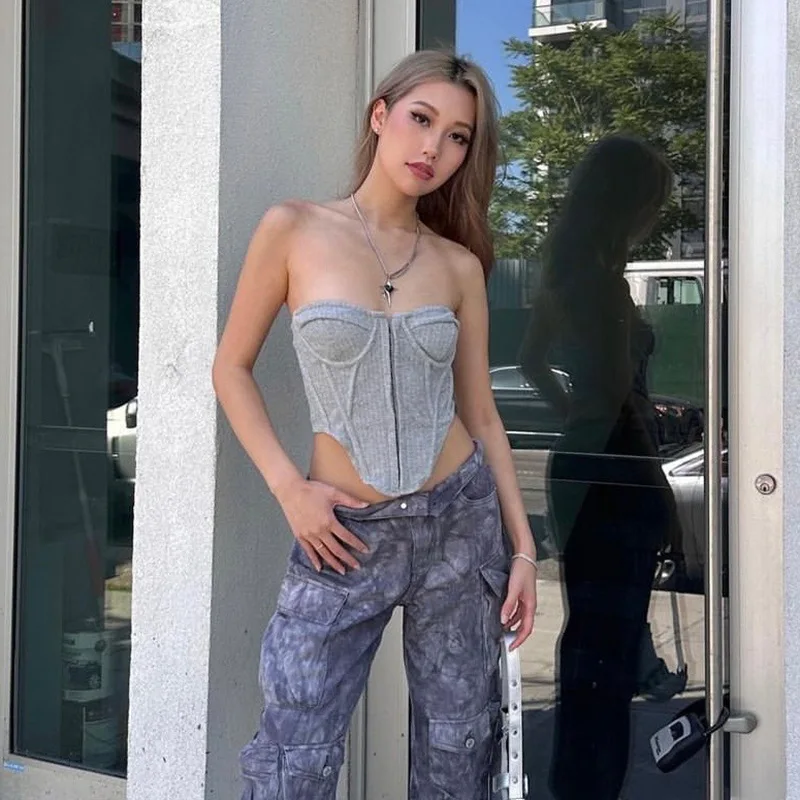 

2025 Summer New Punk Sle Women's Faionable k Gothic Zipper Wrap Chest Knitted Thin Model from China Ladies' Tube Top