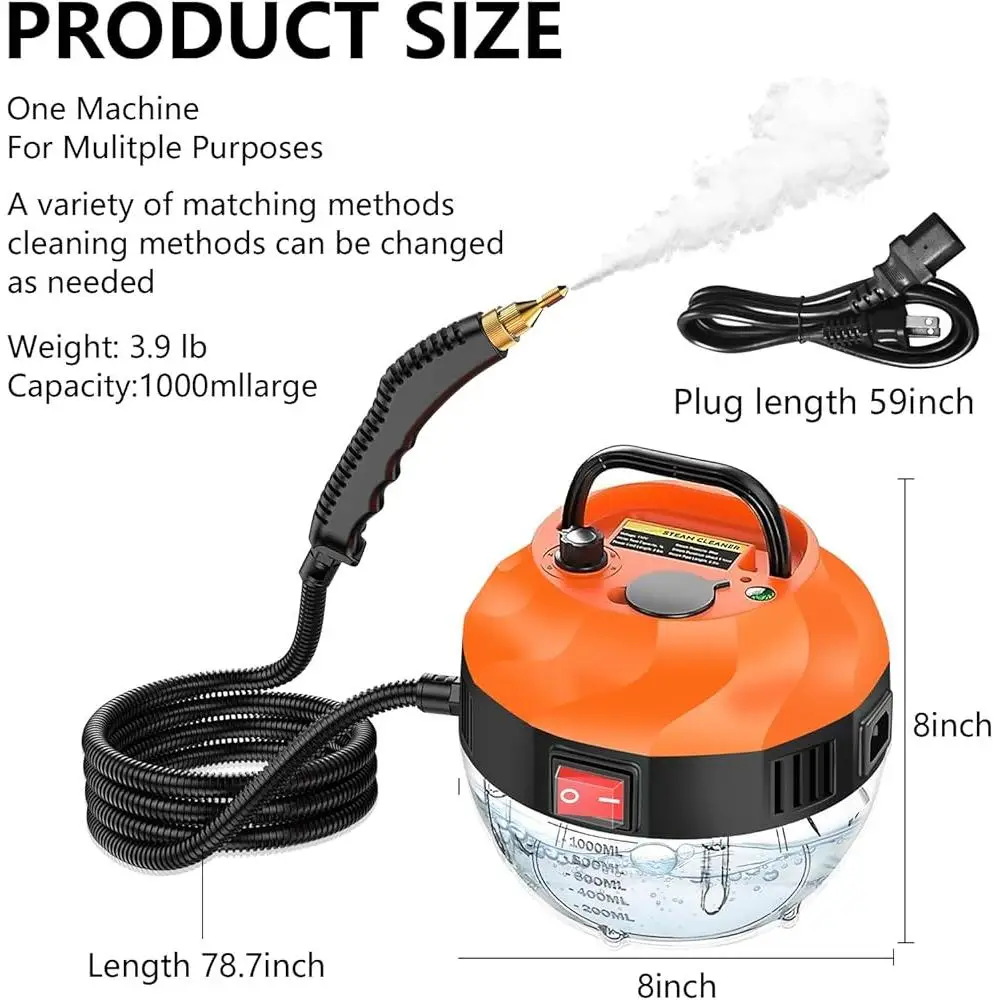 High Pressure Handheld Steam Cleaner 2500W Portable Steamer 105℃ Fast Heating Multi-Surface Cleaning Tool with 3 Brush Heads