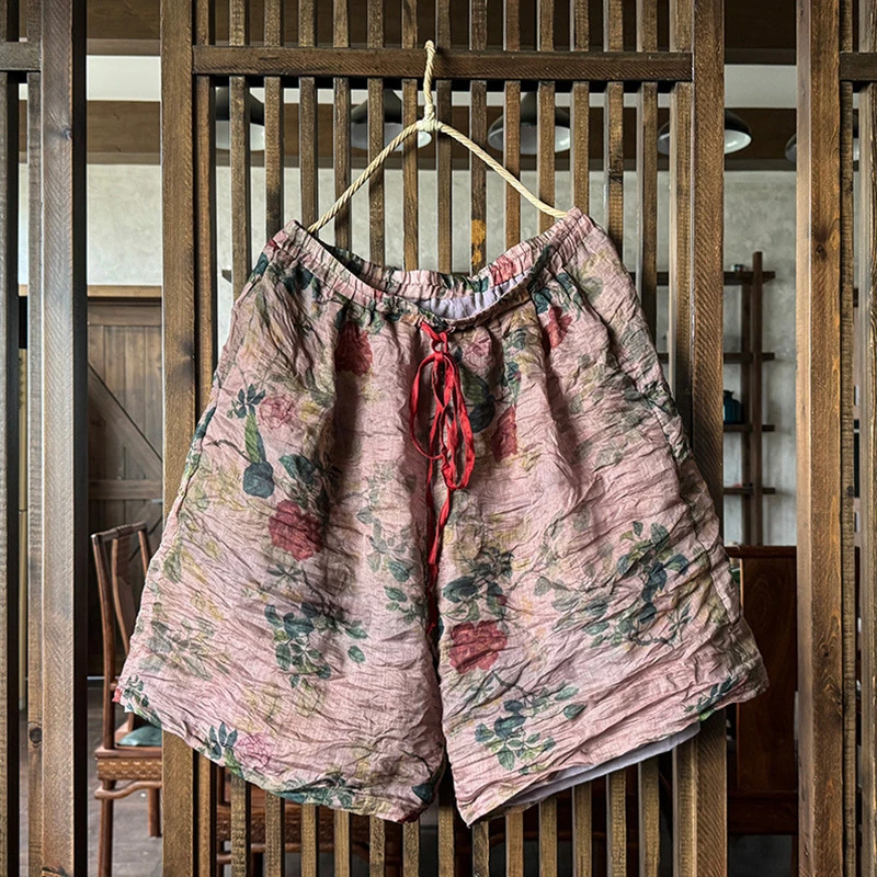 100% lin femmes Shorts décontracté nouveauté 2025 été Style Vintage imprimé fleuri ample confortable femme pantalons courts T478