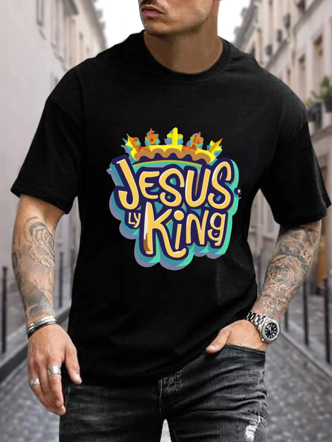 تي شيرت رجالي بأكمام قصيرة مطبوع عليه Jesus King، مريح، كاجوال وجيد التهوية