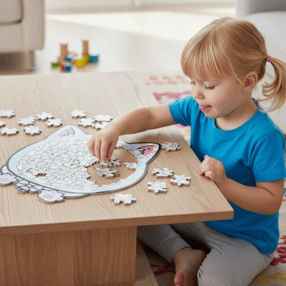 Puzzle z kotem, układanka z motywem kota, nieregularne puzzle, uroczy kotek, puzzle ze zwierzętami, drewniane puzzle w kształcie kota, kolorowe drewniane puzzle