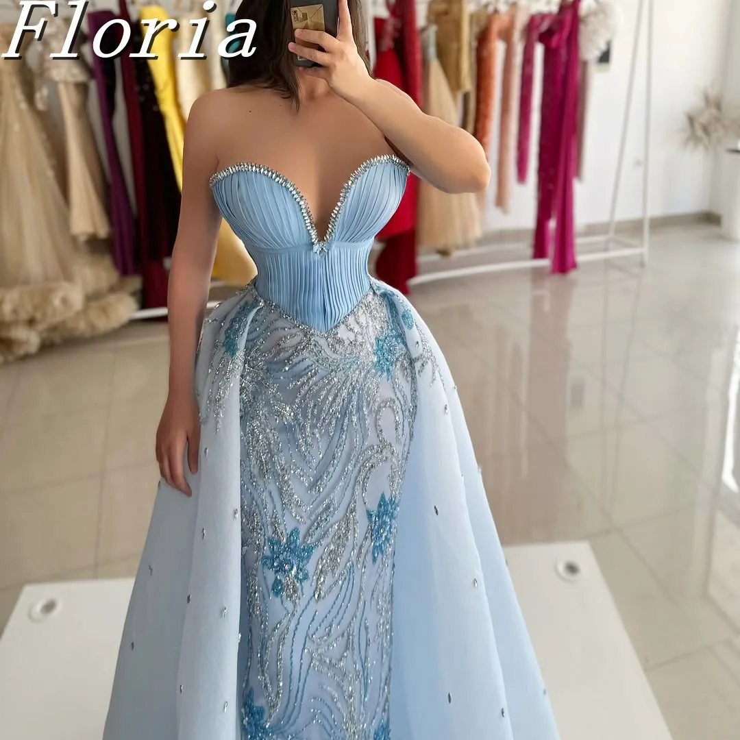 

Customized V-Neck Rhinestones Dinner Party Gowns With Detachable Skirt Sweep Train Sexy Sky Blue Formal Evening Party Dress