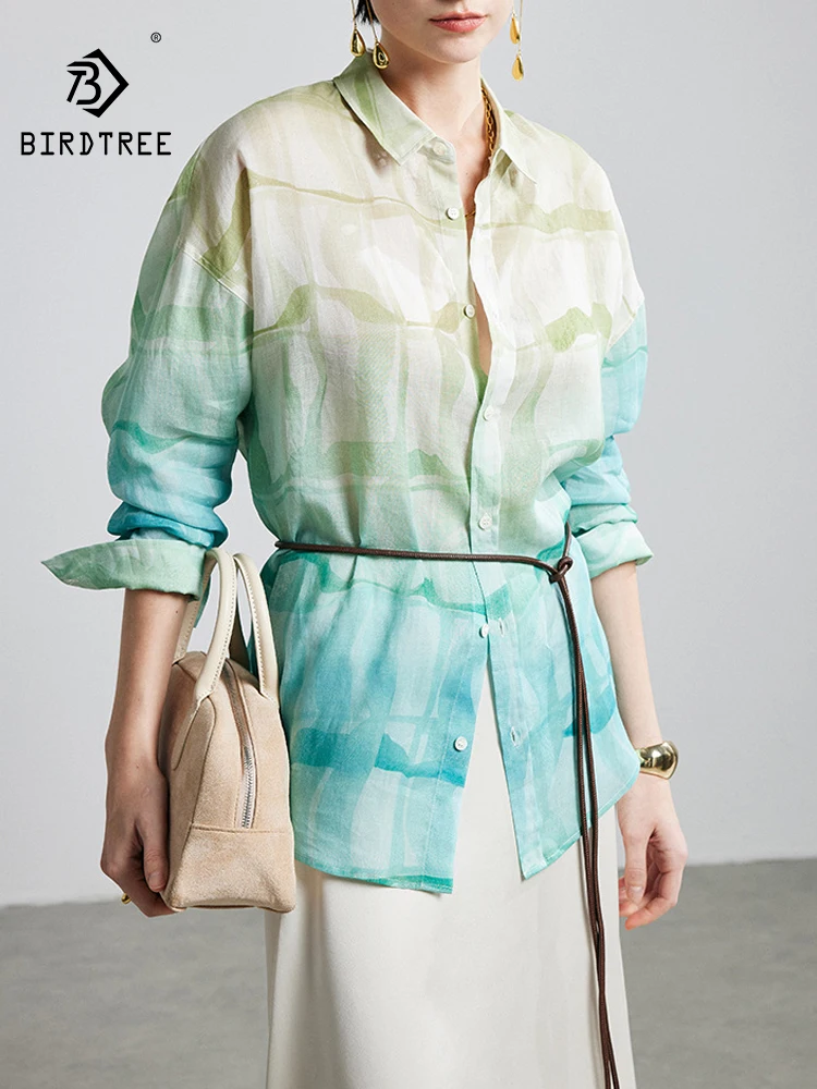 BirdTree-100%Ramie Elegant Shirt, Long Sleeve Lapel Gradient Printed, Women Fashion Commute Loose Blouse, 2026 Summer T64129CC