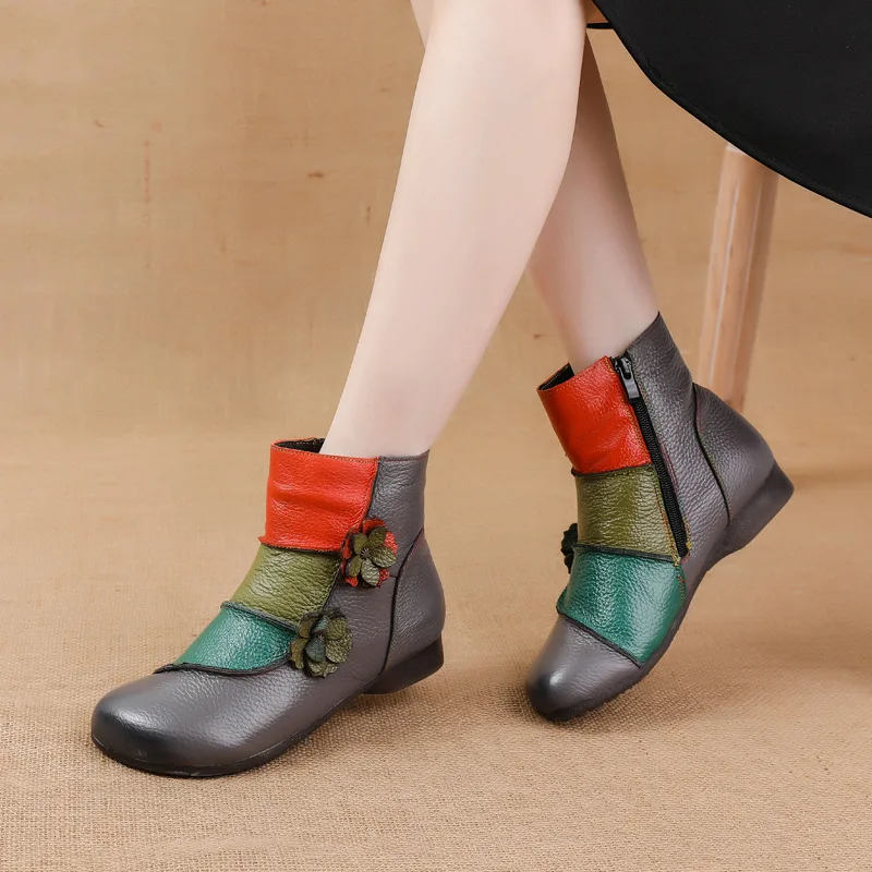 WOIZGIC Mother Women\'s Genuine Leather Boots Female Ankle Shoes Zipper Ethnic Style Autumn Plush Fur Warm Flower