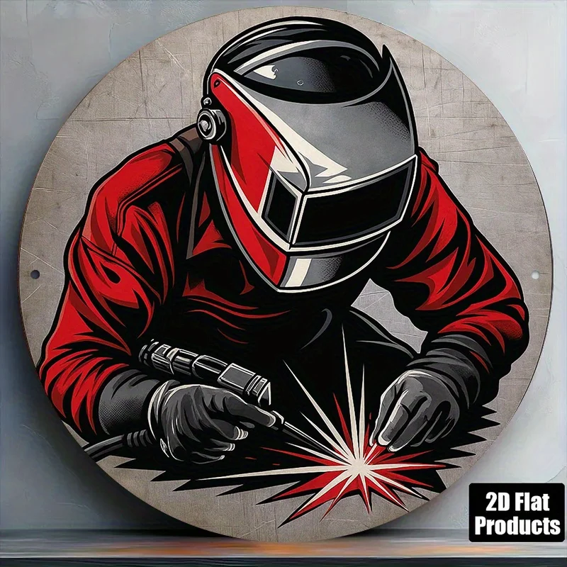 2D Flat - 1pc, 8X8 Inch 2D Flat Round Aluminum Sign, Vintage Aluminum Plaque about Welding Process, Metal Craft Decorative Sign,