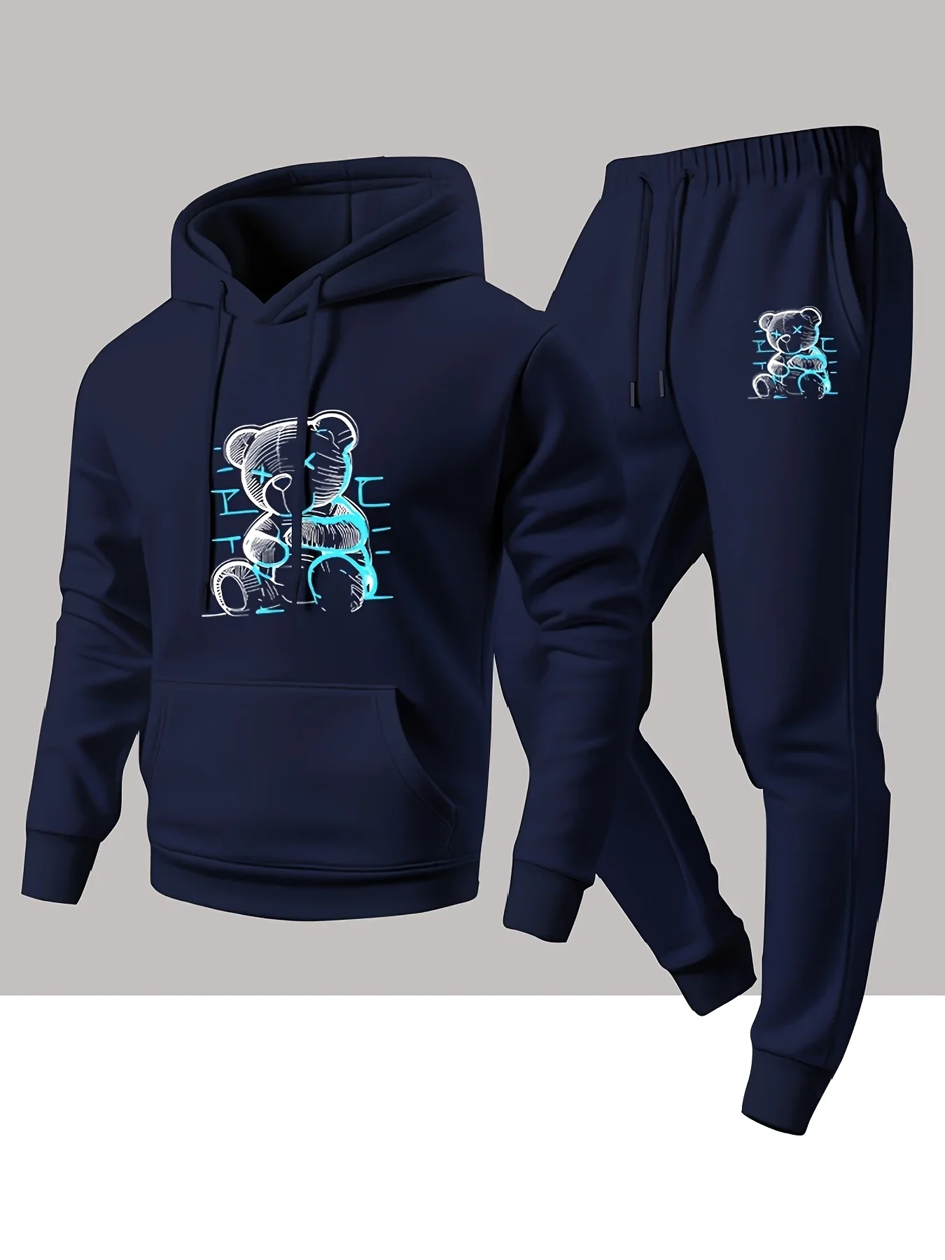 

Autumn and winter casual and comfortable men's hooded sweatshirt, sweatpants, personalized teddy bear pattern trendy set
