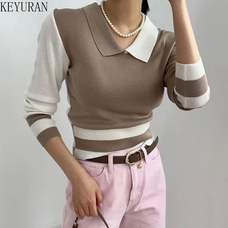 2024 Autumn Color Blocked Knitted Sweater Women Korean Fashion Chic Casual Slim Long Sleeve Crop Tops Pullovers Sweaters Jumpers