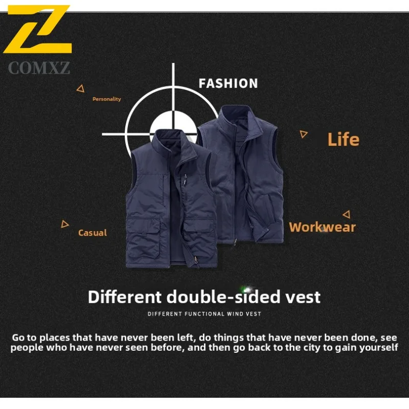 COMXZ New Autumn Winter Mens Vest Reversible Fleece Outdoor sports Workwear Waterproof Vest Multi Pocket lightweight Waistcoat