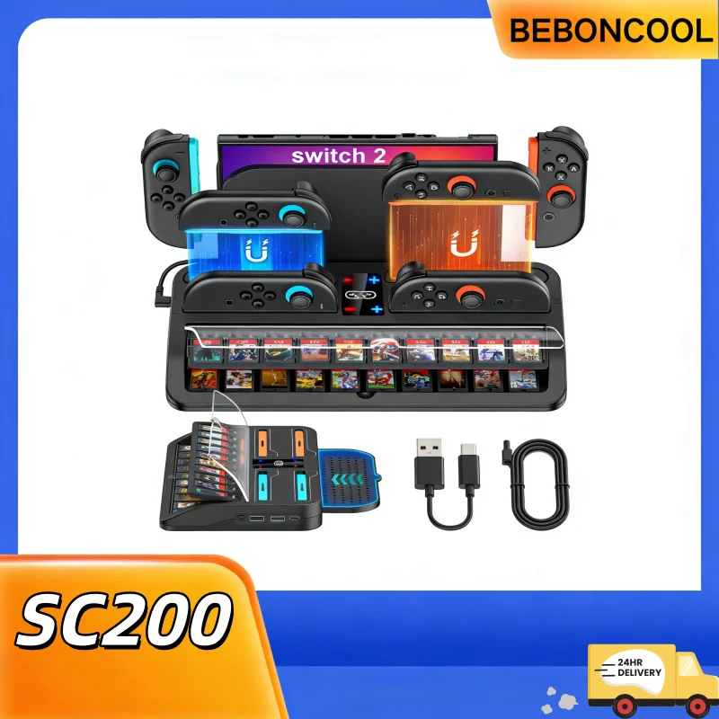 BEBONCOOL SC200 Switch2 Charging Dock 4-Controller Fast Charge 20 Game Card Storage 2 USB Dual-Layer Party Gaming