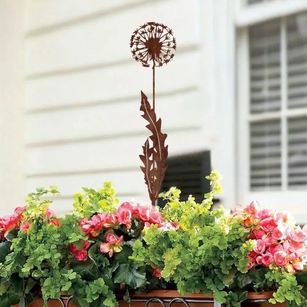 Decorative Dandelion Iron Garden Stake Outdoor Yard Ornament Rustic Metal Art Lawn Pathway Landscaping Decoration