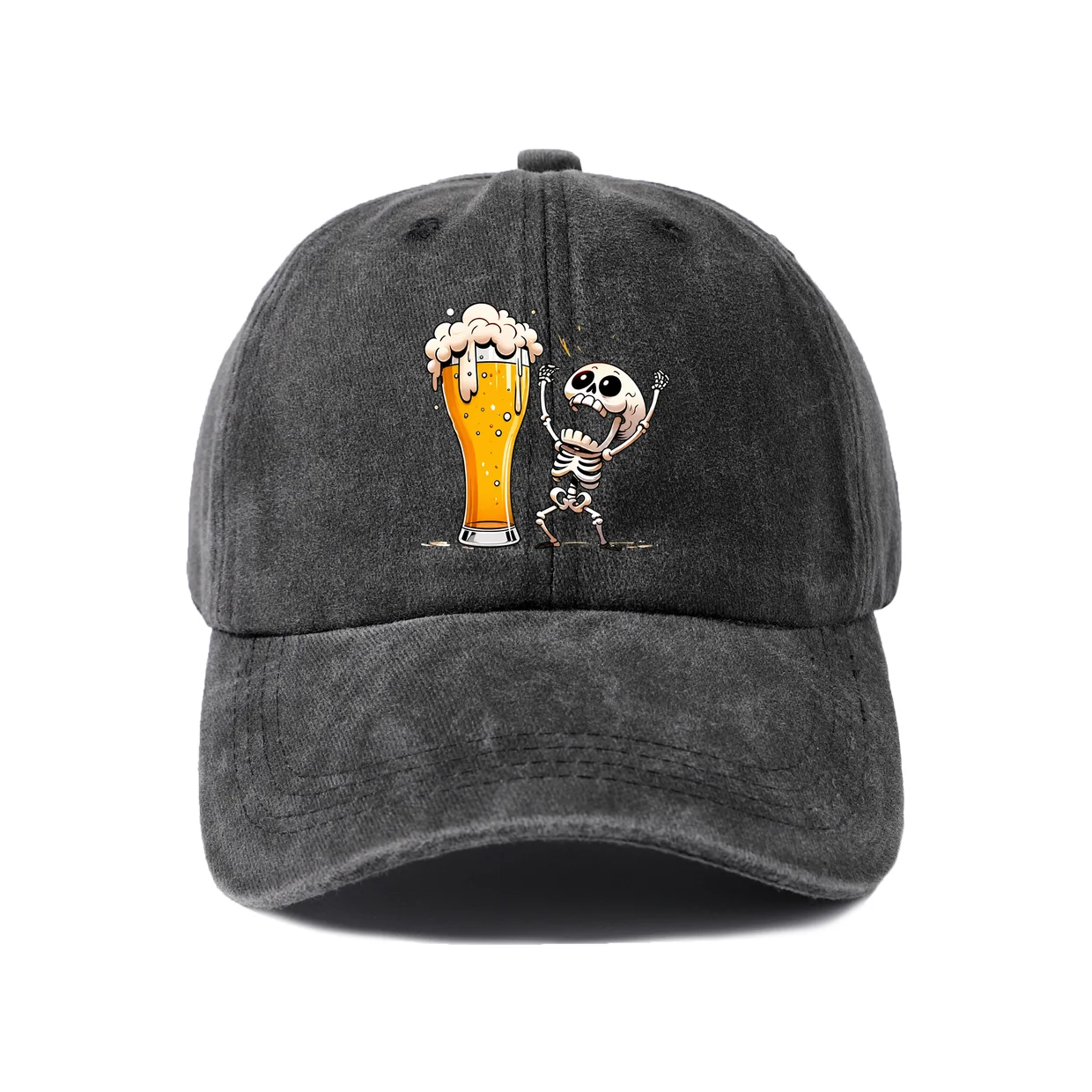 Vintage Washed Beer Cheers Skeleton Graphic Baseball Cap, Adjustable Unisex Dad Hat, Halloween Party Gift