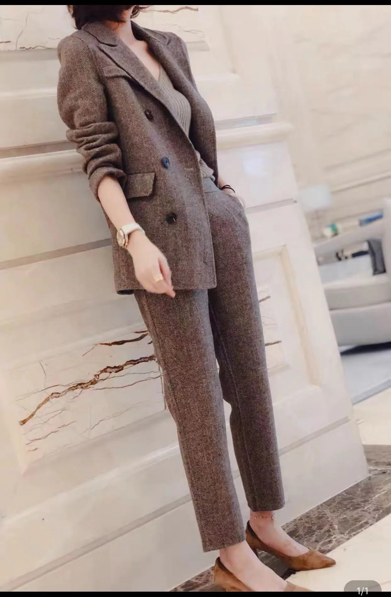 Women's Double Breasted Herringbone Suit Office Ladies Blazer Fashion Tuxedo Ladies Slim Fit Casual 2 Piece Set