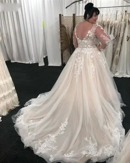 Vestidos de novia de talla grande con cuello en V, mangas completas, apliques de encaje, línea A, Vestido largo de tul, vestidos de novia, vestido Formal de mariee