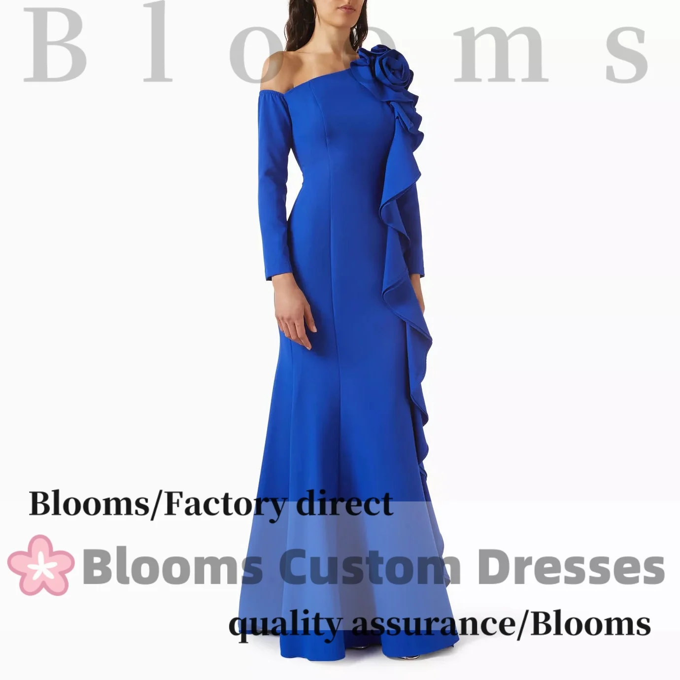

Customized One-Shoulder Long Sleeve Blue Mermaid Evening Dress with Ruffle Floral Detail Elegant Formal Party Dress