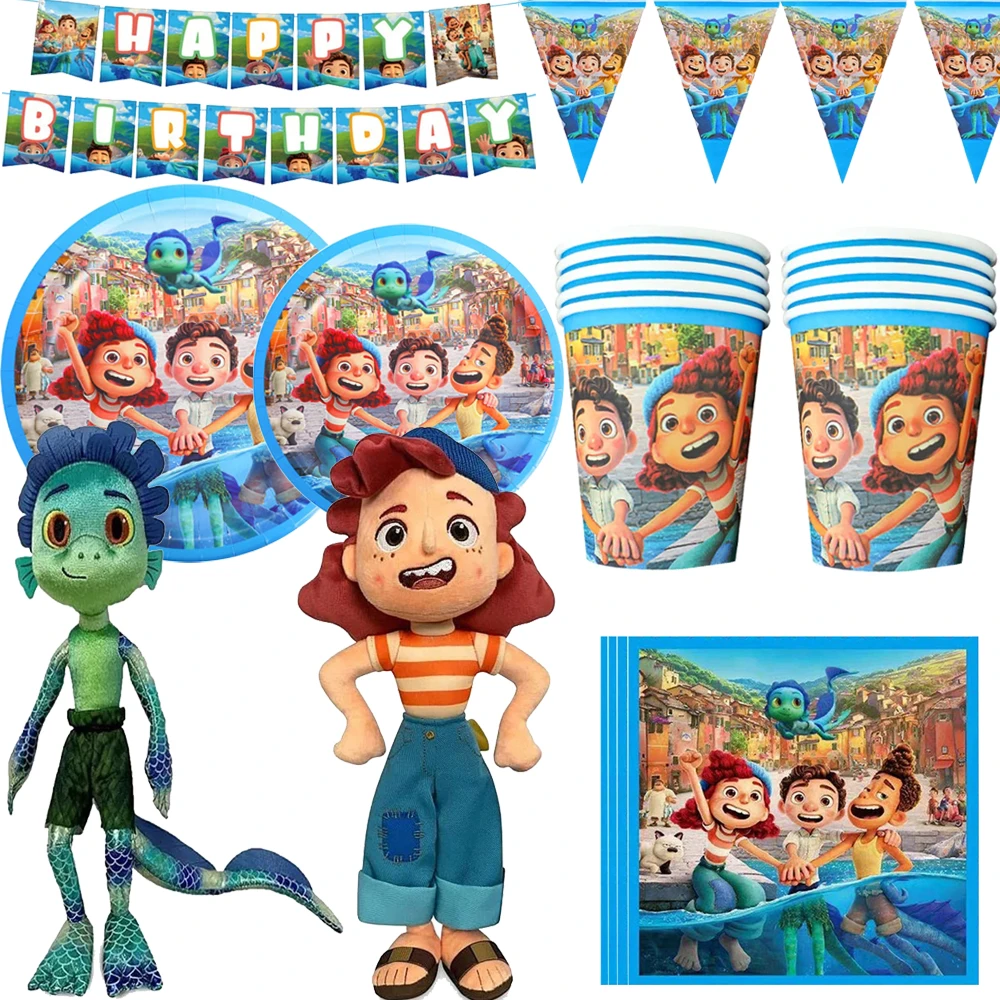 Disney Pixar Luca Birthday Supplies Disposable Dinnerware Tablecloth Cup Plate Gift Bag Banner for Kids Baby Shower Decorations