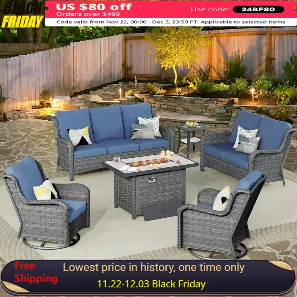 Patio Furniture Set 6 Pieces Outdoor Sofa with Rocking Swivel Chairs Loveseat Rectangular Fire Pit Table Wicker Conversation Set