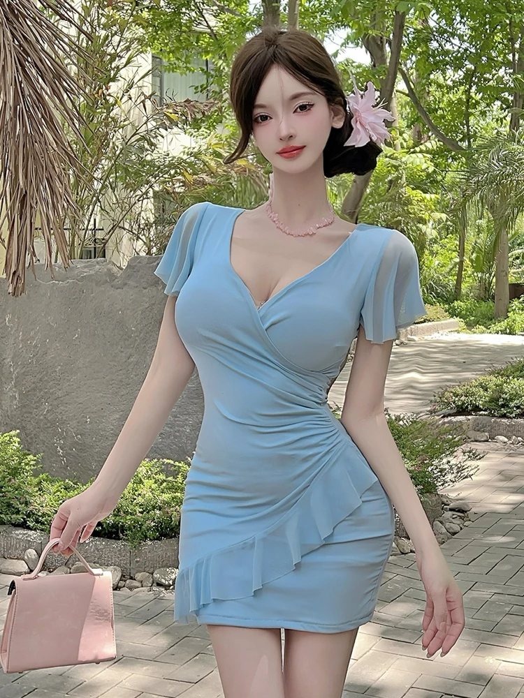 

Сексуальное платье Sweet Pure Desire с v-образным вырезом и глубоким вырезом, кружевное платье-колокольчик, утягивающая талия, облегающая юбка с запахом для молодых женщин...