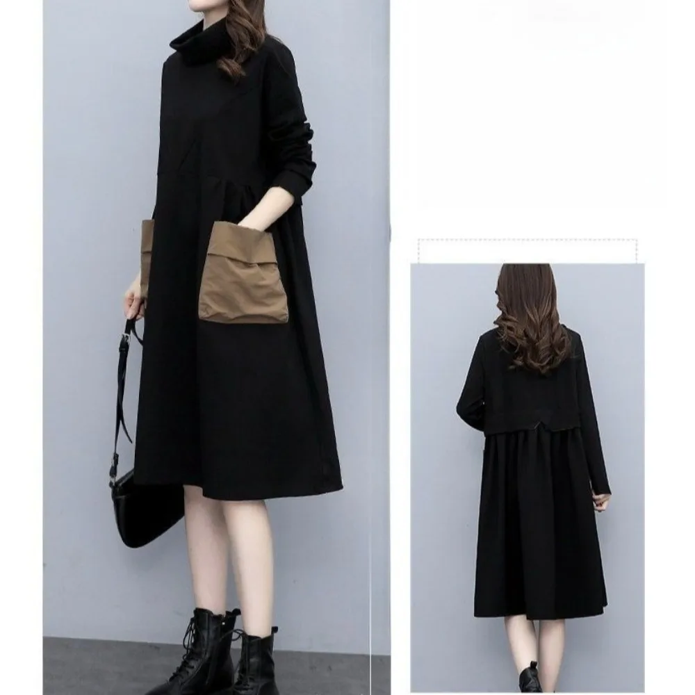 

Women's large-size loose turtleneck casual A-shaped dress long-sleeved autumn and winter foreign-style belly-covering dressy