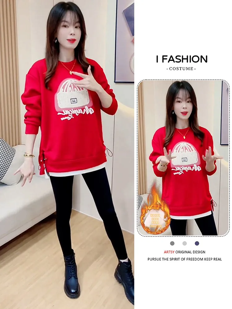 

Модная женская теплая зимняя толстовка оверсайз на флисовой подкладке, свободный крой, уличный стиль, с принтом и декоративными вставками, длинный рукав