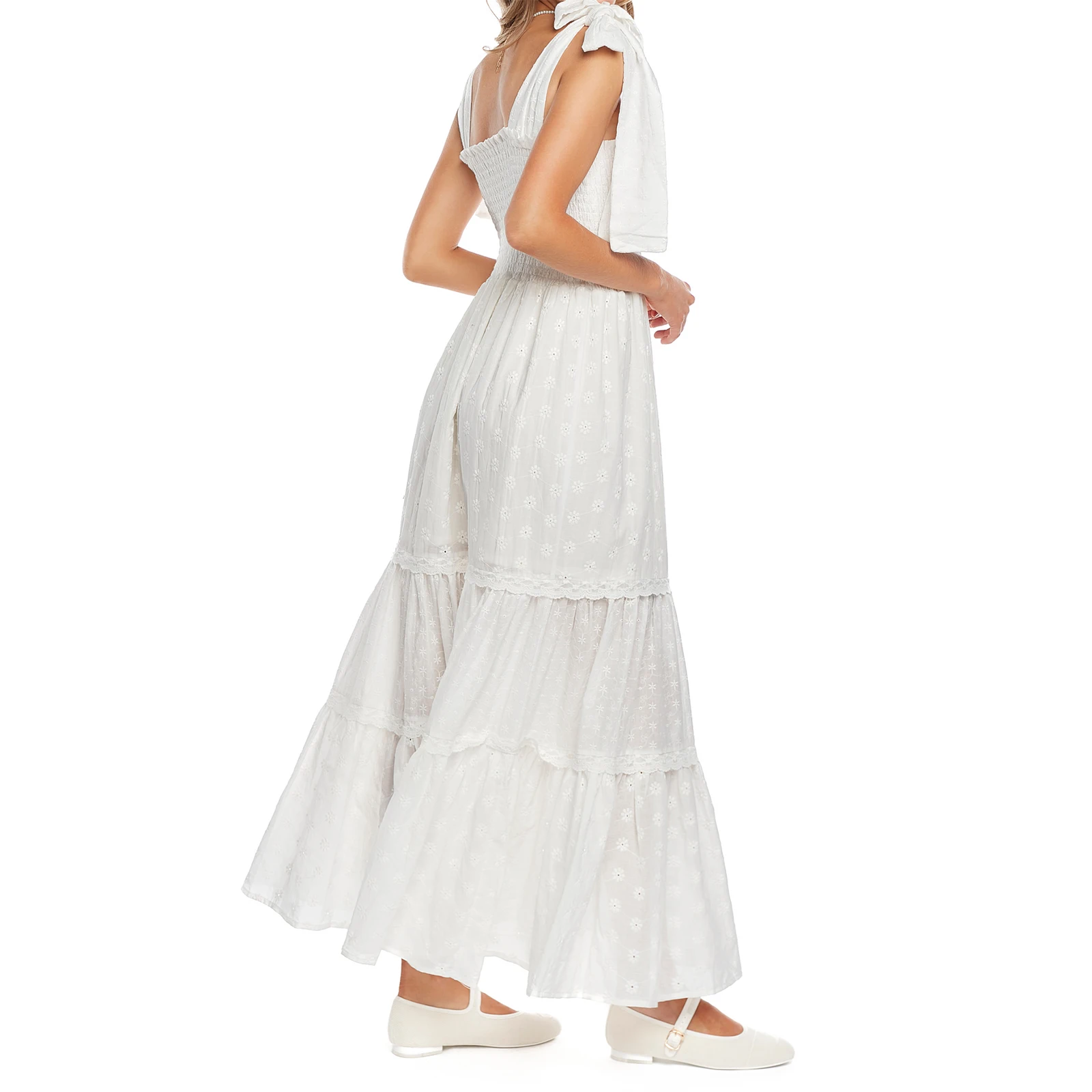 Women’s Tie Shoulder Dress Summer Sleeveless Square Neck Eyelet Dress Long Smocked Dress