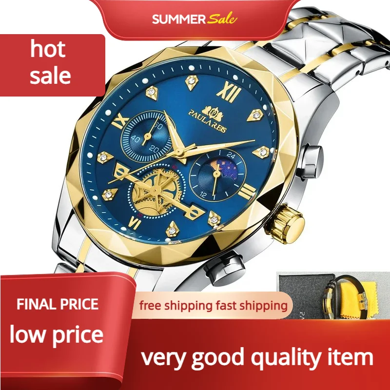 Luxury Watches for Men Luminous Chronograph Gold Blue Green Quartz Casual Diamond Shaped Bezel Stainless Steel Reloj Hombre