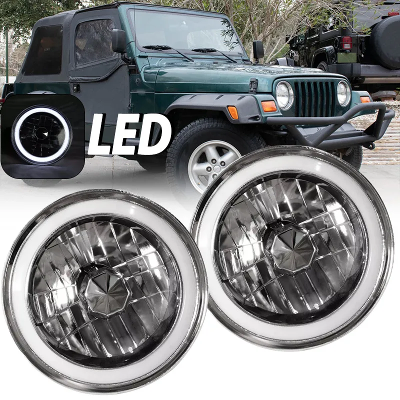 

2Pcs 7" inch Round White Halo DRL Headlight For Jeep Wrangler JK LJ TJ CJ