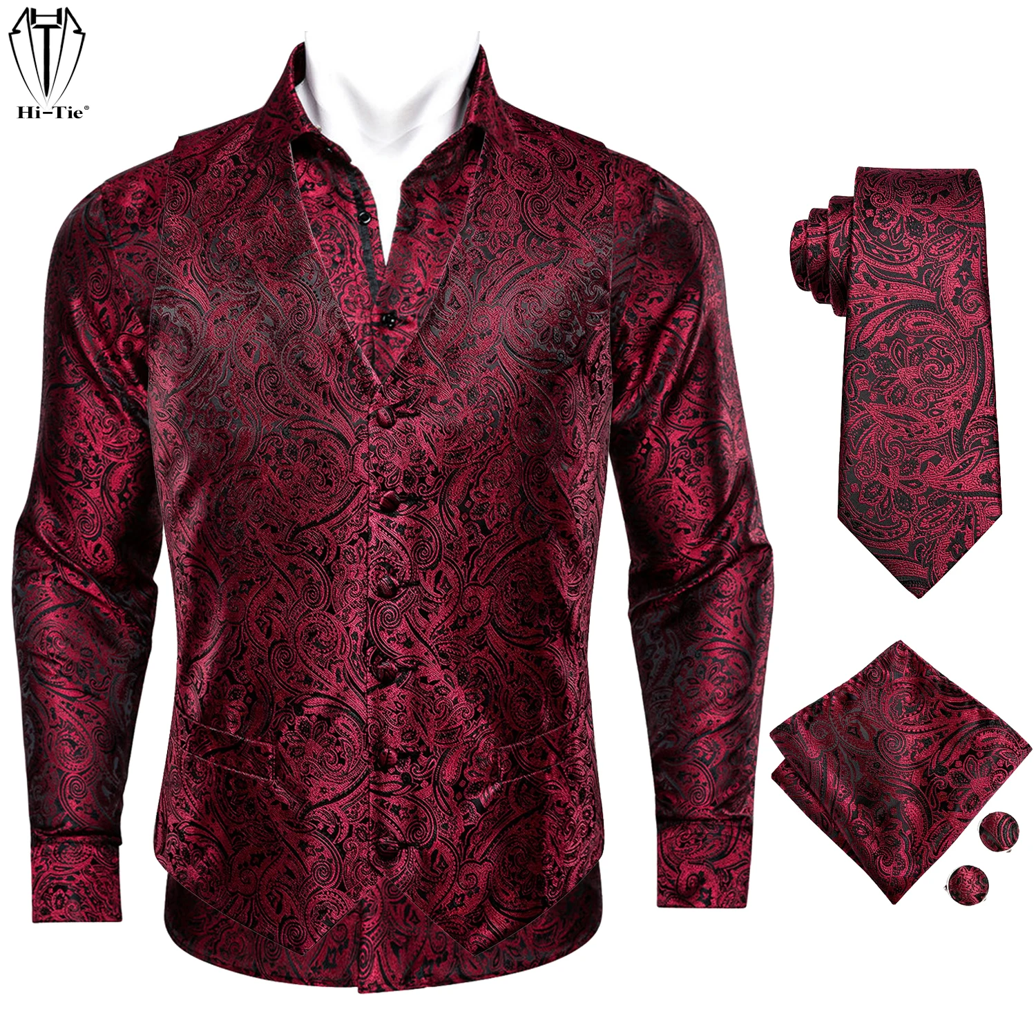 

Hi-Tie Red Burgundy Silk Mens Shirt Vest Tie Hanky Cufflink Jacquard Paisley Floral Male Blouse Waistcoat Wedding Party Business