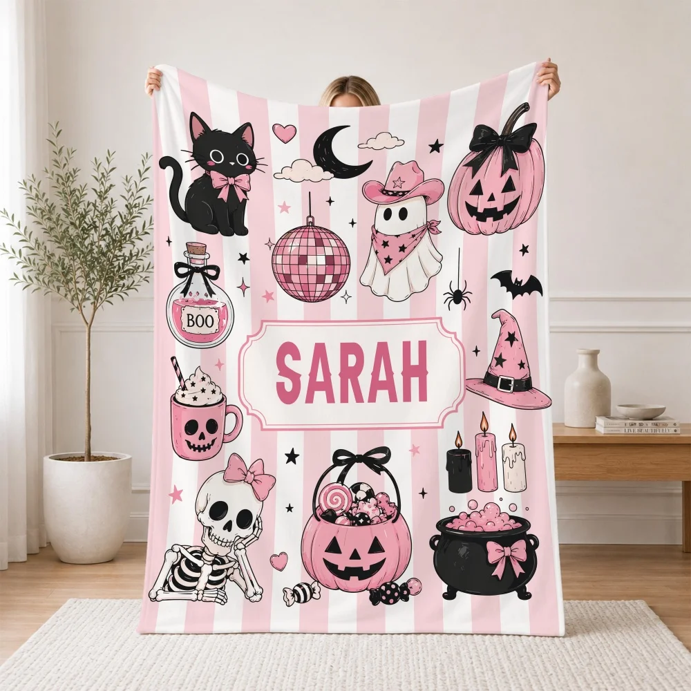 Halloween Customized Name Fleece Blanket Girly Pink Striped Cat Skull Disco Ball Witch Graphic Soft Warm Holiday Gift Blanket