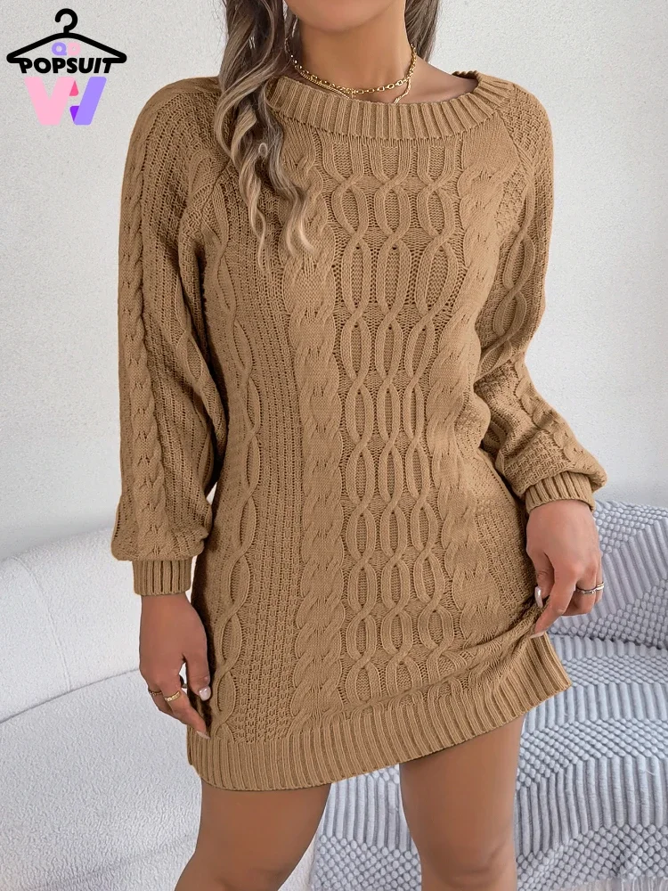 New Autumn Winter Women Sweater Dress Fashion O-neck Lantern Sleeve Fried Dough Twists Pattern Party Warm Knitted Mini Dresses