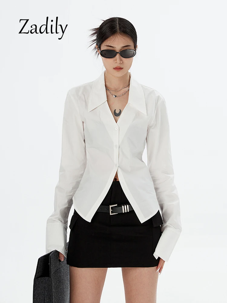 

Zadily 2024 Spring Sexy Long Flare Sleeve Women Cotton White Shirt Korea Style Slim Button Up Autumm Ladies Blouse Crop Tops