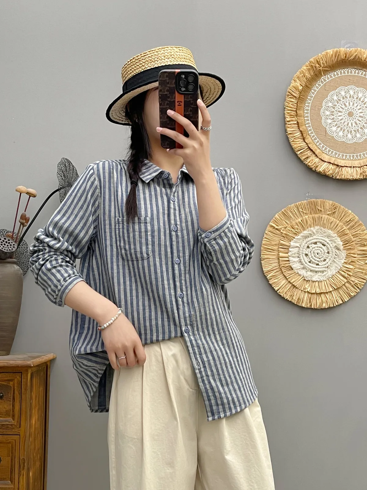 New Summer Cotton Yarn Long Sleeve Shirts, Women Polo Collar Stripe Tops, Mori Girl Casual Loose Blouses, 2024 Autumn T48418QM