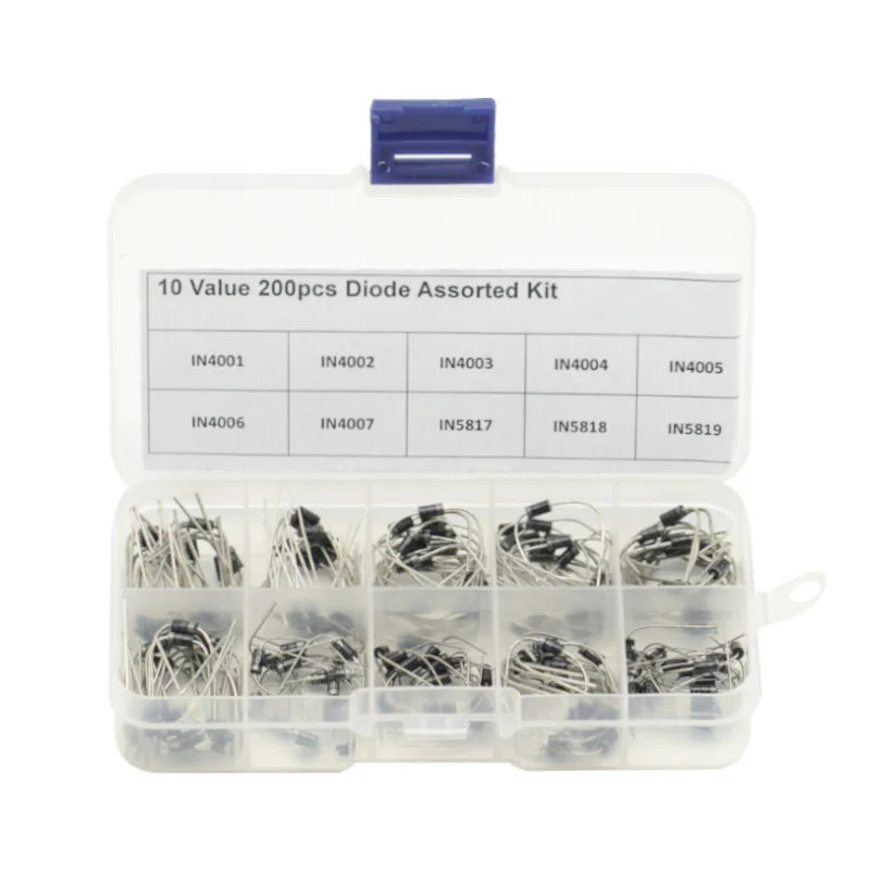 

200Pcs 10 Values Rectifier Diode Assorted Kit 1N4001 1N4002 1N4003 1N4004 1N4005 1N4006 1N4007 1N5817 1N5818 1N5819 For arduino