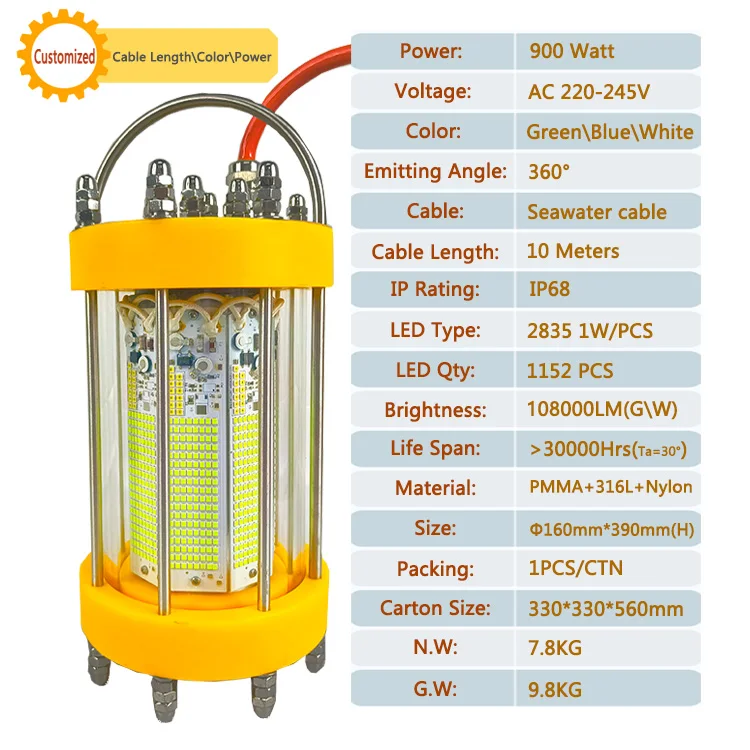 220V 900W Green LED Fishing Light IP68 Water-Proof Squid & Salmon Farming Lamp Attracting Fish for Squid Fishing